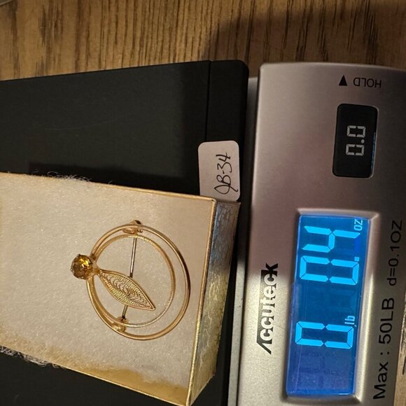 Vintage Gold Double Circle Brooch Leaf Filigree Design Amber Rhinestone 1.25in - Picture 14 of 14